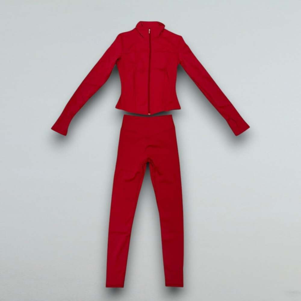 Red Matching 2 Piece Athleisure Set Zip Jacket Scrunch Leggings